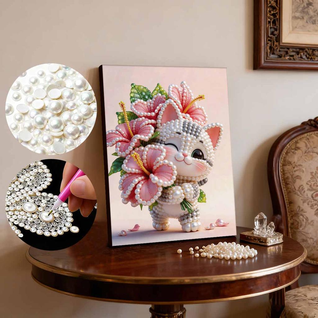 5D DIY Frameless Pearl Painting Flowers and Cats Pattern Painting Kit, Suitable for Home Living Room Bedroom and Other Wall Decoration Art Paintings