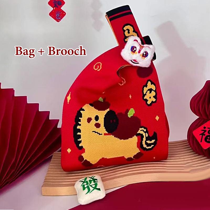 2026 New Year Cartoon Mascot Pony Knitted Gift Bag Handheld Candy Bag Large Capacity Knot Wrist Bag Cute Reusable Shopping Bags