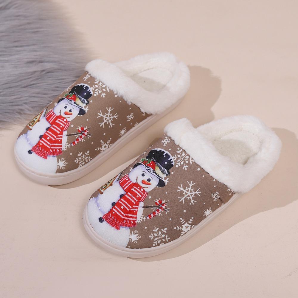 Winter Couple Slippers Cotton Snowman Cartoon Christmas Print Warm Fashion Home Indoor Plush Shoes