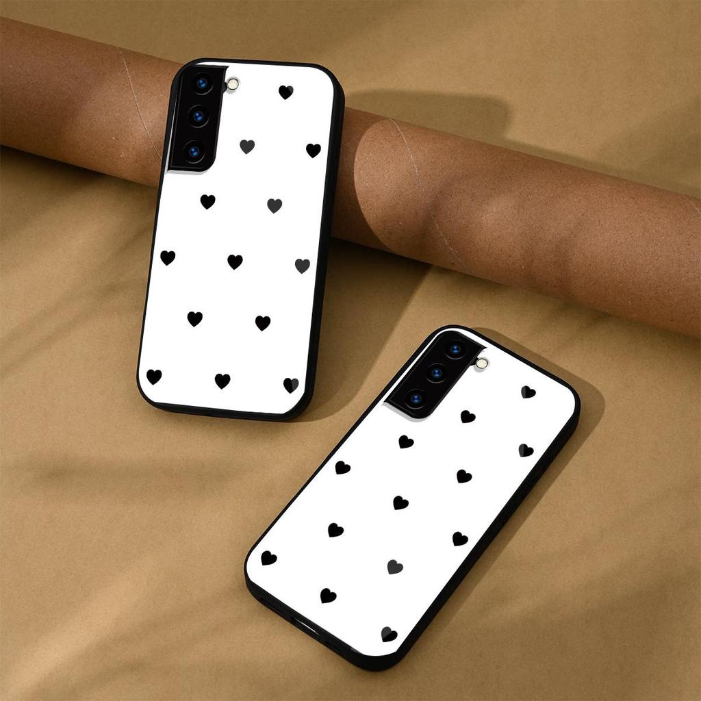 Black Heart Pattern Phone Case for Samsung Galaxy S22+ S22 S21 FE S21+ Acrylic Back TPU Bumper Shockproof Protective Cover, Minimalist Korean Style