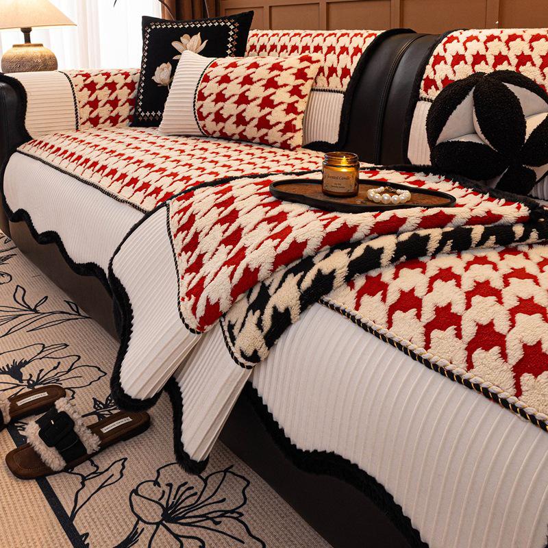 High-End Fluffy Houndstooth Patchwork Sofa Cushion - Non-Slip Seat Cover 2026