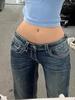 Jeans a zampa micro ricamati in stile americano anni '90 da donna, pantaloni lunghi slim a vita bassa retrò, design alla moda coreana, pantaloni casual
