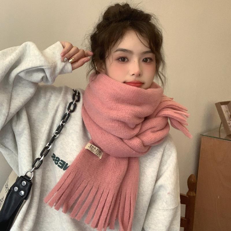 Solid Color Tassel Soft Waxy Plush Scarf for Women Autumn and Winter Plus Velvet Thickening Korean Style Versatile Couple Student Warm Scarf