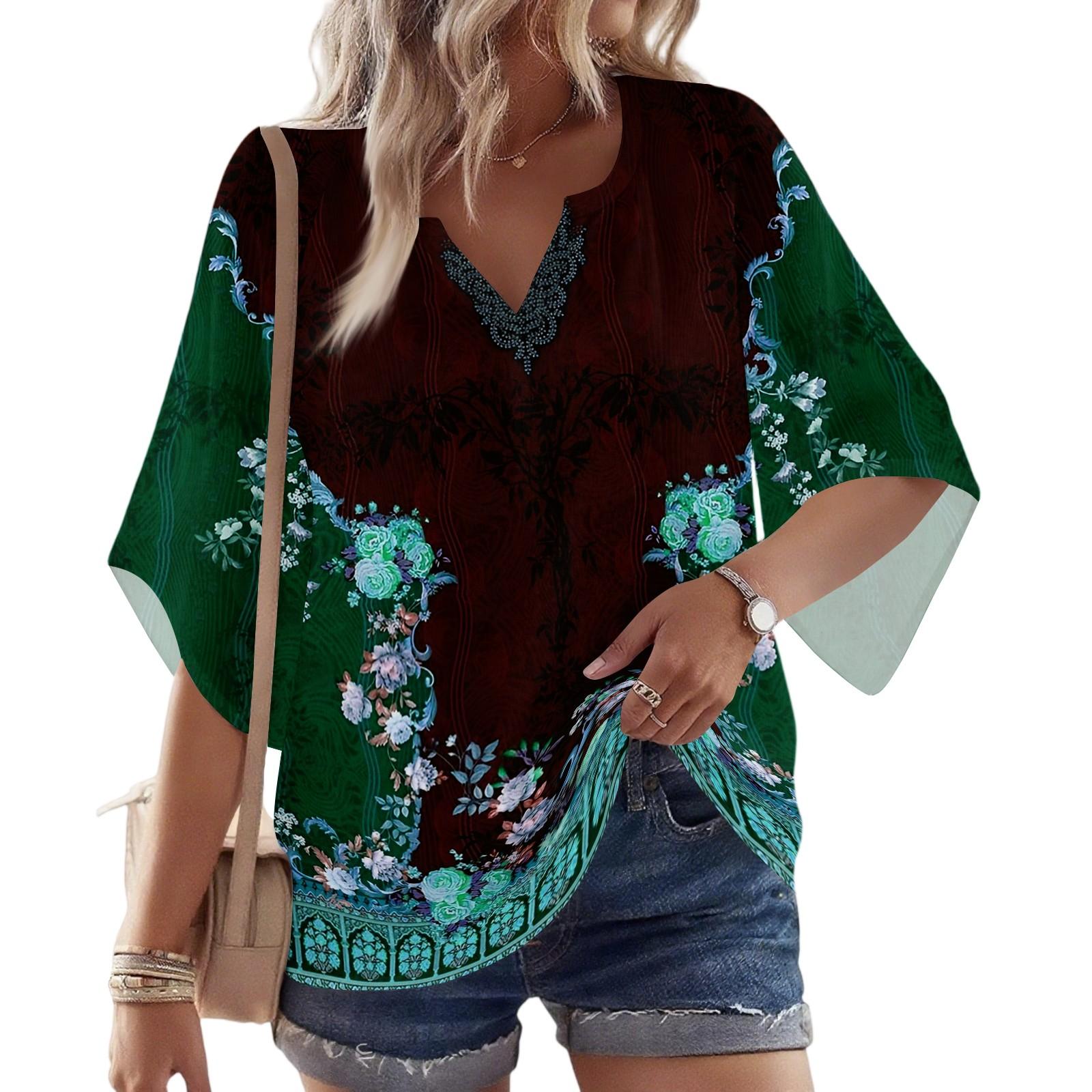 

Women s 3/4 Sleeve V Floral Shirt Casual Loose Tunic Top L армія зелений колір
