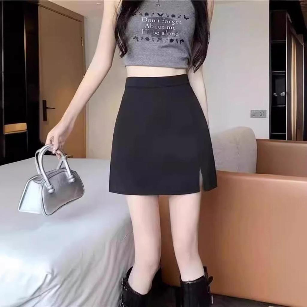 2024 Korean Style High Waist Black A-Line Skirt for Spring - Plus Size, College Style