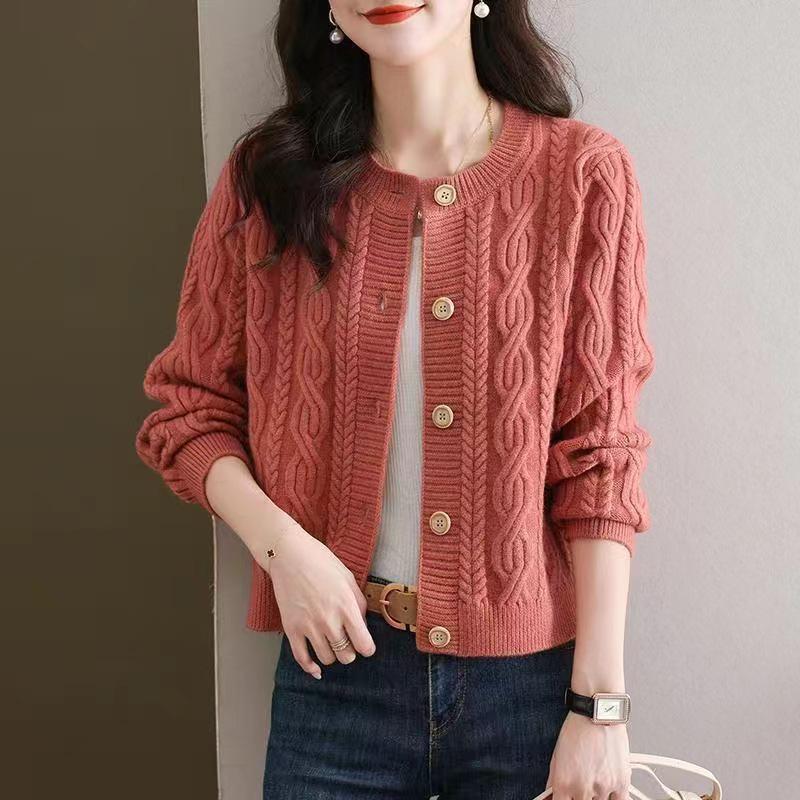 2026 Women's Round Neck Cable Knit Cardigan - Autumn/Winter Trendy Short Sweater Coat