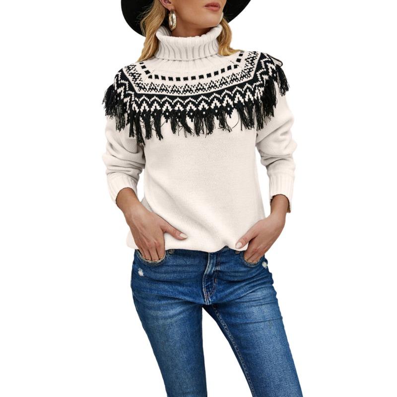 

Женский осенне-зимний винтажный вязаный пуловер с кисточками и высоким воротом, большой размер L чёрный