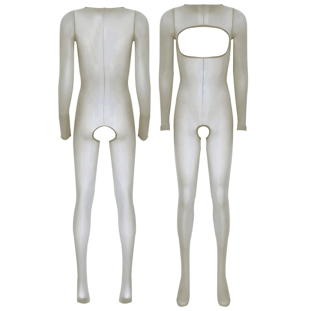 Womens Glossy See Through Long Sleeve Open Breast Crotchless Bodystocking