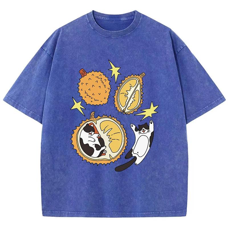 T-shirt Unisex Stampa Gatto Cartone Animato Durian Annidato Cotone Usurata Oversize Girocollo Top Trendy