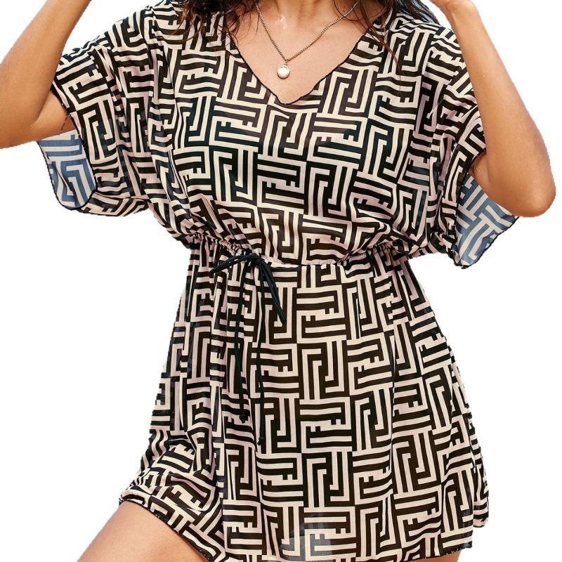 New European and American Popular Women's Beachwear Swimsuit Printed Sunscreen Blouse Pleated Swimsuit
