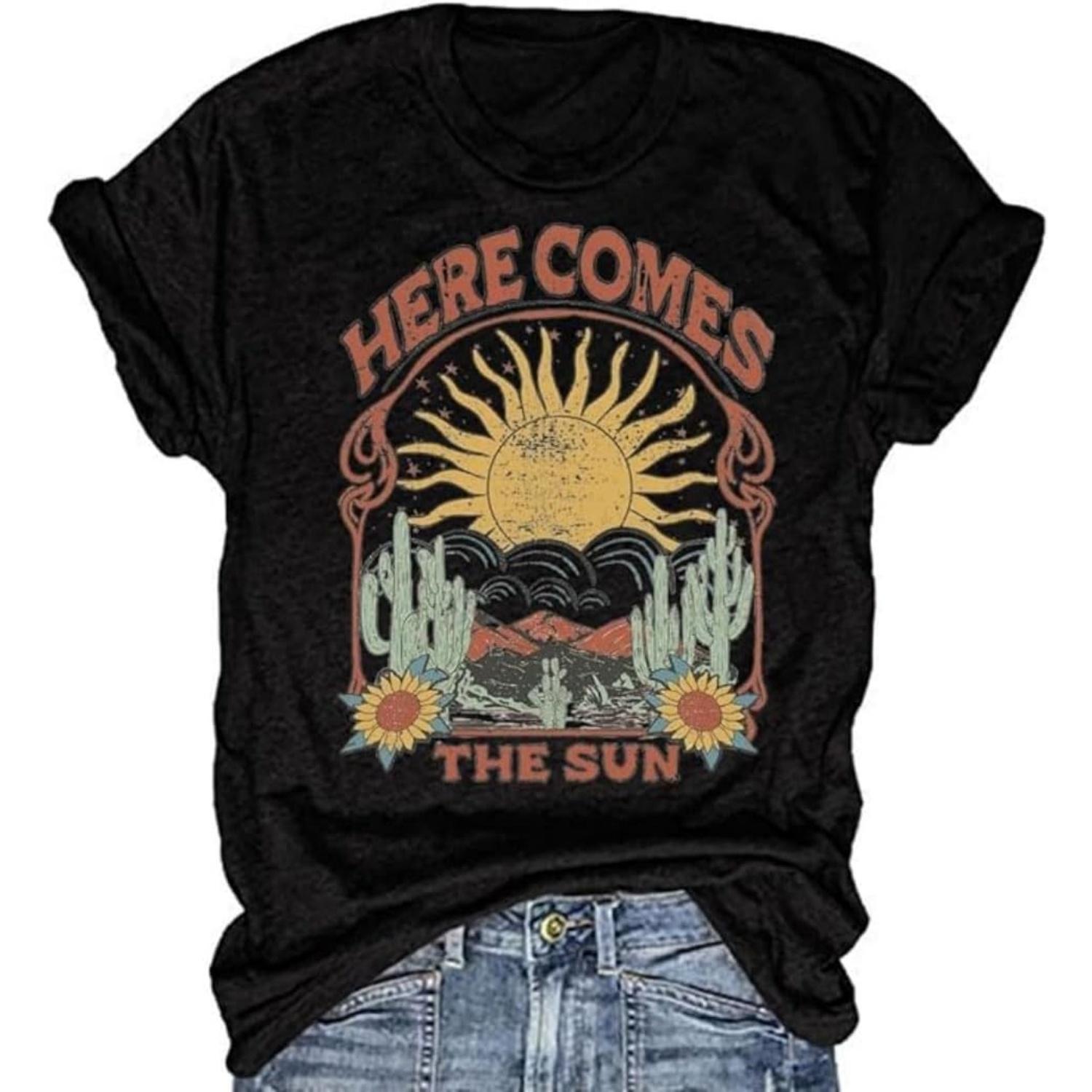 Women s Here Comes The Sun Graphic Tees Retro Vintage Inspired Hippie T-Shirt Tops S чёрный