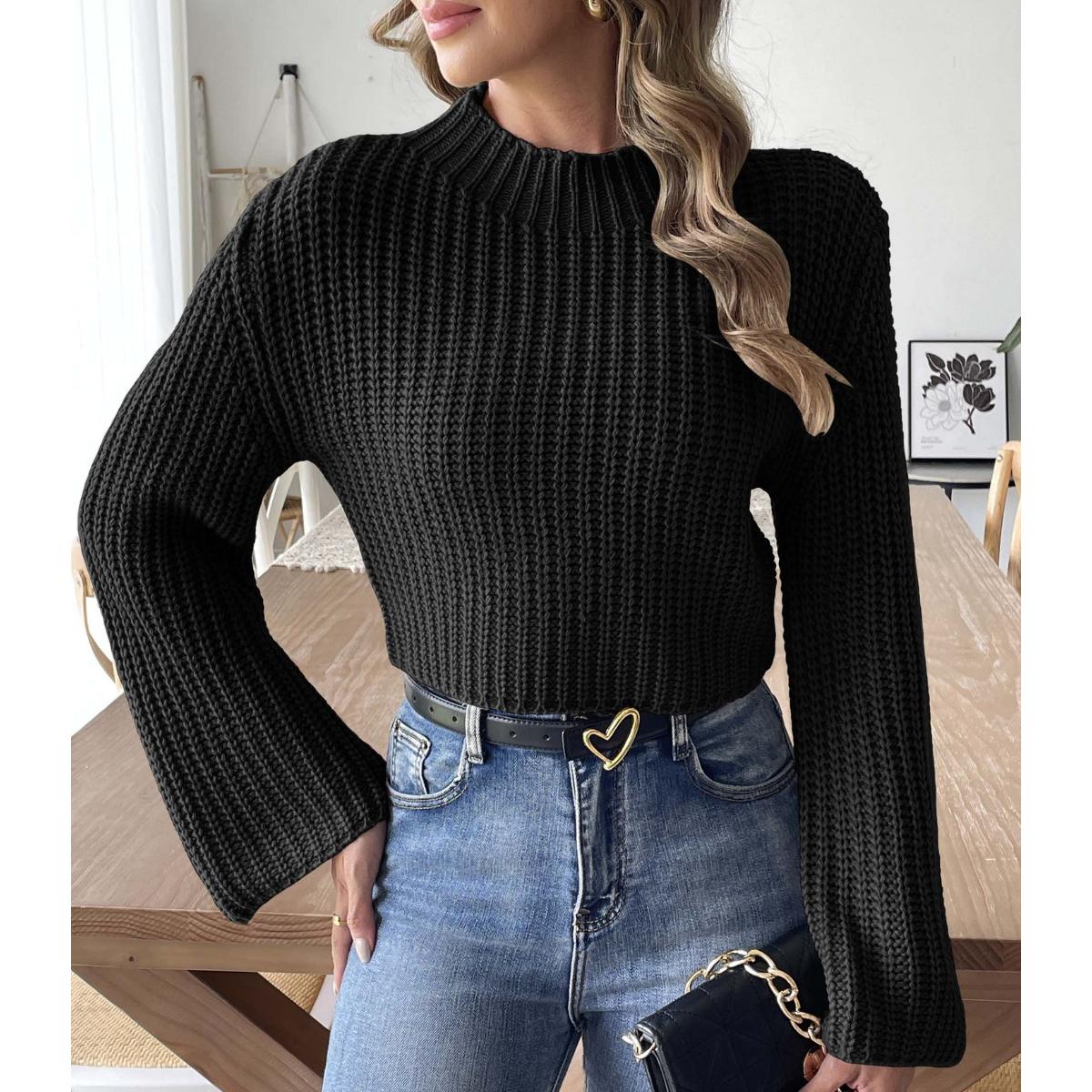 

Женский короткий укороченный плетеный свитер на осень и зиму с рукавами-колокольчиками и полуводолазкой XL