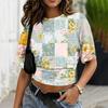 Women Crew Neck Pullover Printed Short Sleeve T Shirt Loose Fit Casual Top Patchwork Pattern Soft Comfortable Material