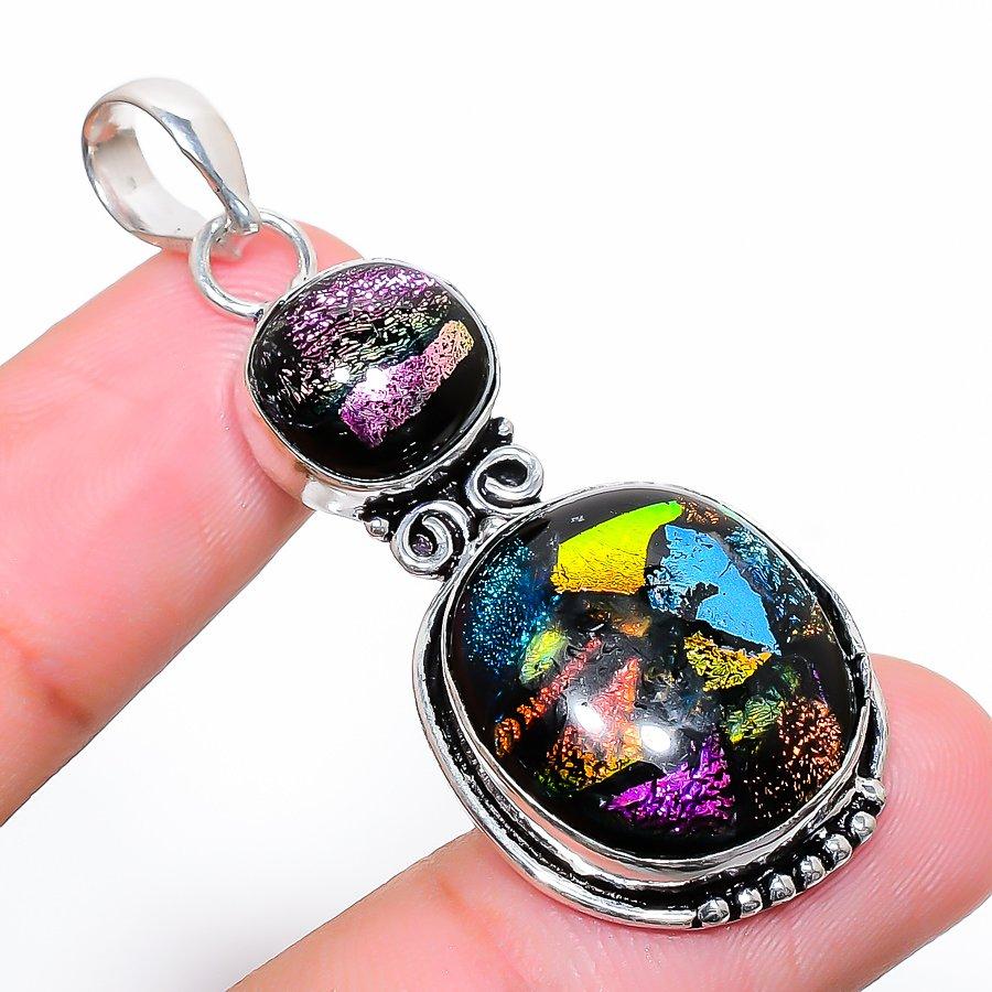 Dichroic Glass Gemstone Handmade 925 Sterling Silver Jewelry Pendant 2.05"