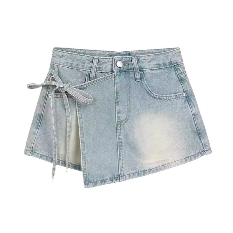 Fake Two-piece Denim Shorts for For Women In Hot Season A-line High-waist Irregular Fashionable Strap Skirt Pants