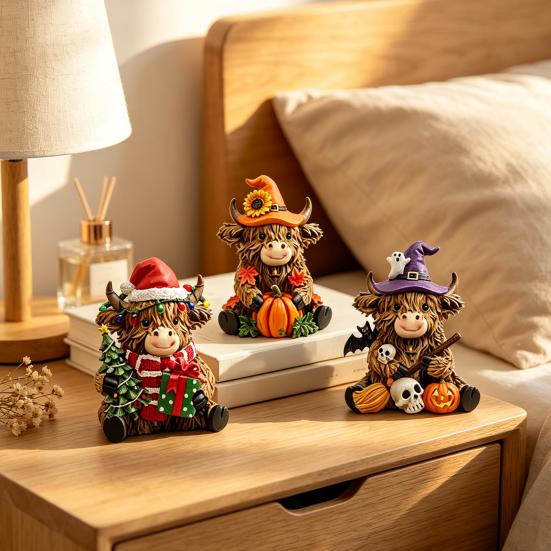 Small Decorative Figurines 3Pcs Highland Cow Figurine, Resin Yak Statues for Thanksgiving Christmas, Healing Gifts Friends Farmhouse Tabletop