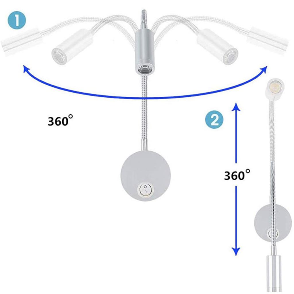 AC100-240V Silver 3W 3000K 4000K 6000K LED Reading Lights with EU USA Plug for Bed Headboard Desk Aluminum Goosene wall lamp
