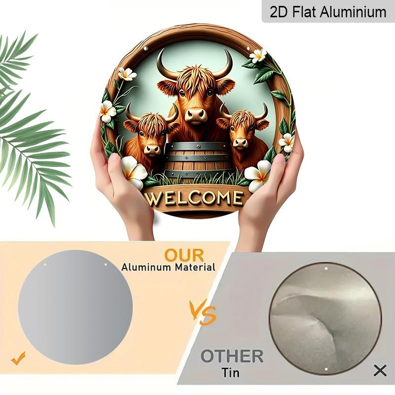 2D Flat Highland Cow Home Welcome Doorplates, Aluminum Decorative Signs and Plaques In Various Sizes. Floral Design Hanging Door Decorations