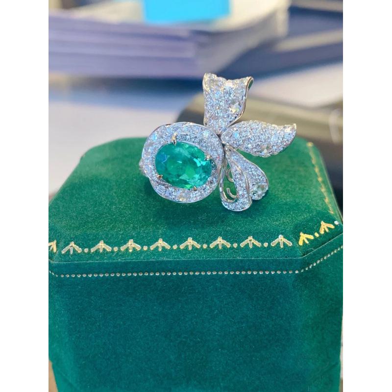 Emerald and Zircon Flower Gemstone Women s Luxury Open Ring Adjustable Open