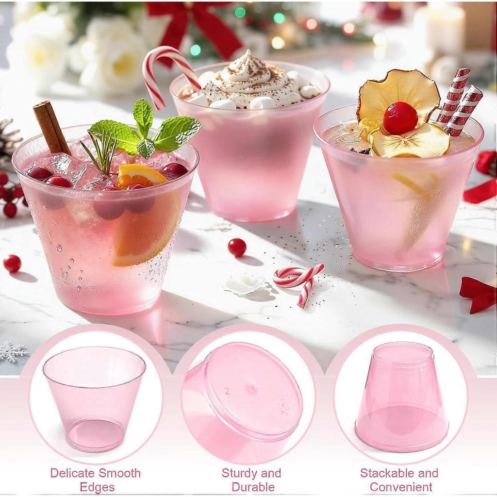 50 Pack Plastic Cups 9 Oz Pink Clear Plastic Cups for Cocktail Fancy Disposable Cup for Party Stemless Wine Glasses for Wedding Thanksgiving Christmas