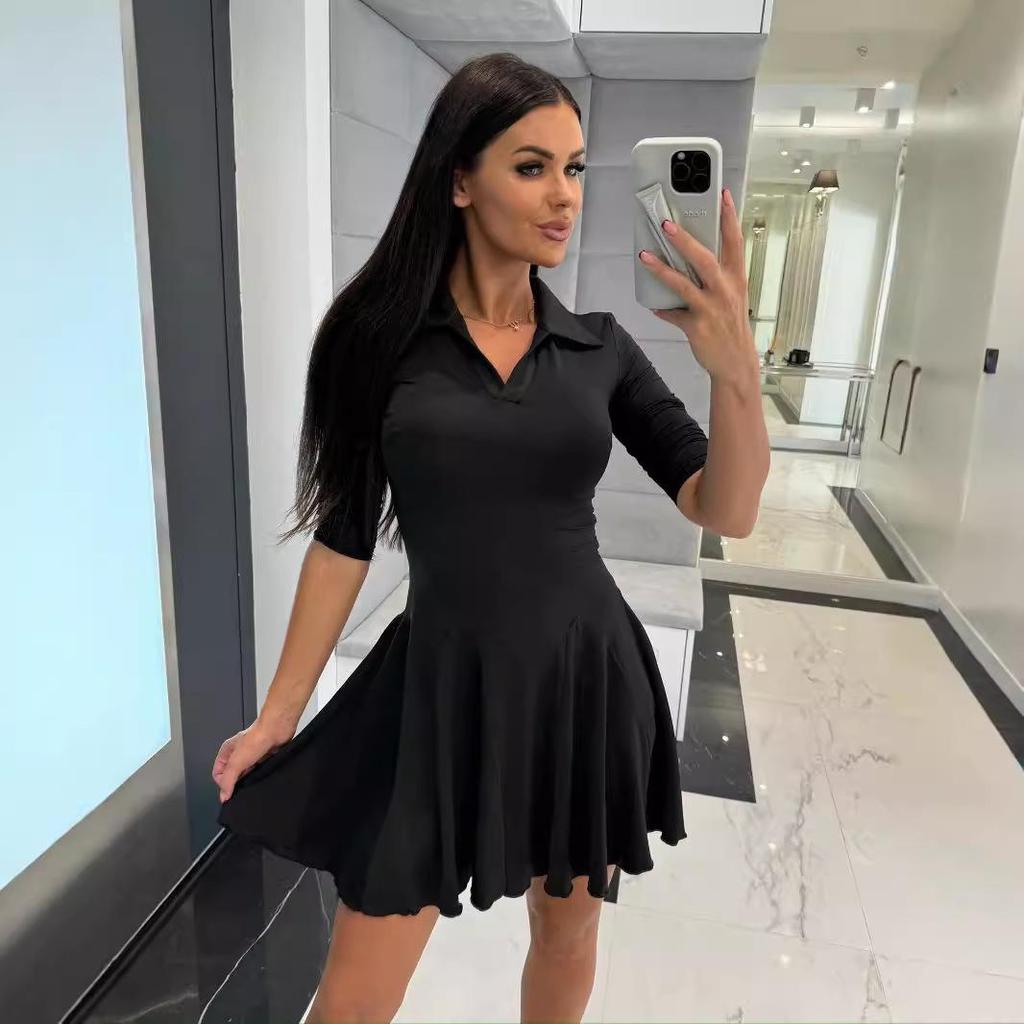 Women's Autumn Solid Waist-Hugging Long-Sleeve Collared Short Dress