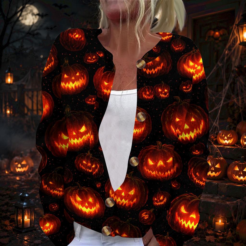 Women's Long Sleeve Knit Cardigan with Halloween Print Button Front for Fall Parties