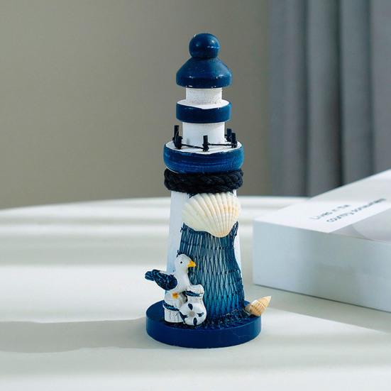 Wooden Lighthouse Figurine, Handmade Nautical Lighthouse Beach Decoration, White Blue Coastal Tabletop Decor for Home, Living Room