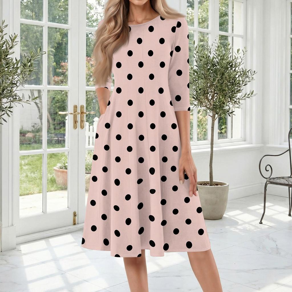 Women's Casual Fashion Round Neck Three Quarter Sleeve Polka Dot Print Mid Length Dress Comfortable Fit Flared Hem Daily Wear