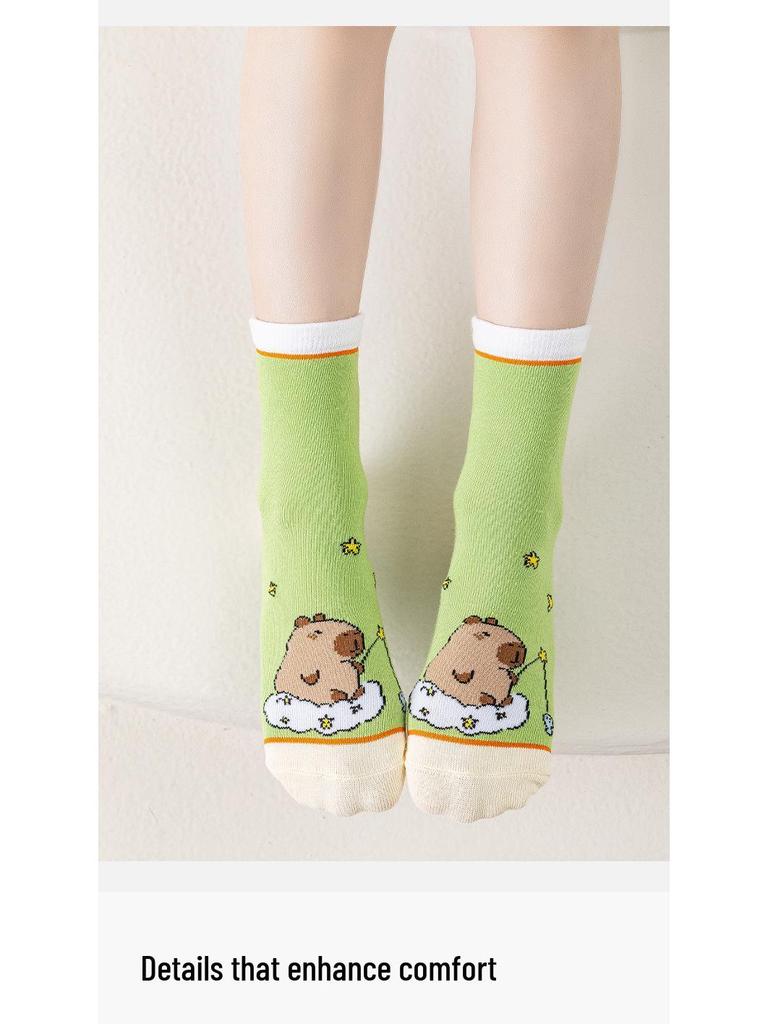 Capybara Boys' Cotton Mid-Calf Socks - Cute Cartoon Design for Spring, Autumn, and Winter