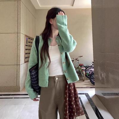 2025 Early Autumn Women's Green Loose Knit Cardigan Sweater - Korean Style