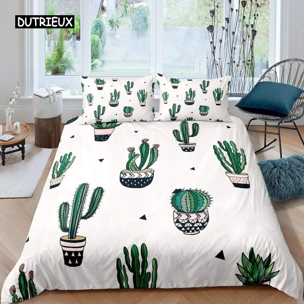 Cactus Duvet Cover Set King Size Hand Painted Style Bedding Set Nature Art Prints Comforter Cover Green Plant Cactus Quilt Cover Three Piece Set