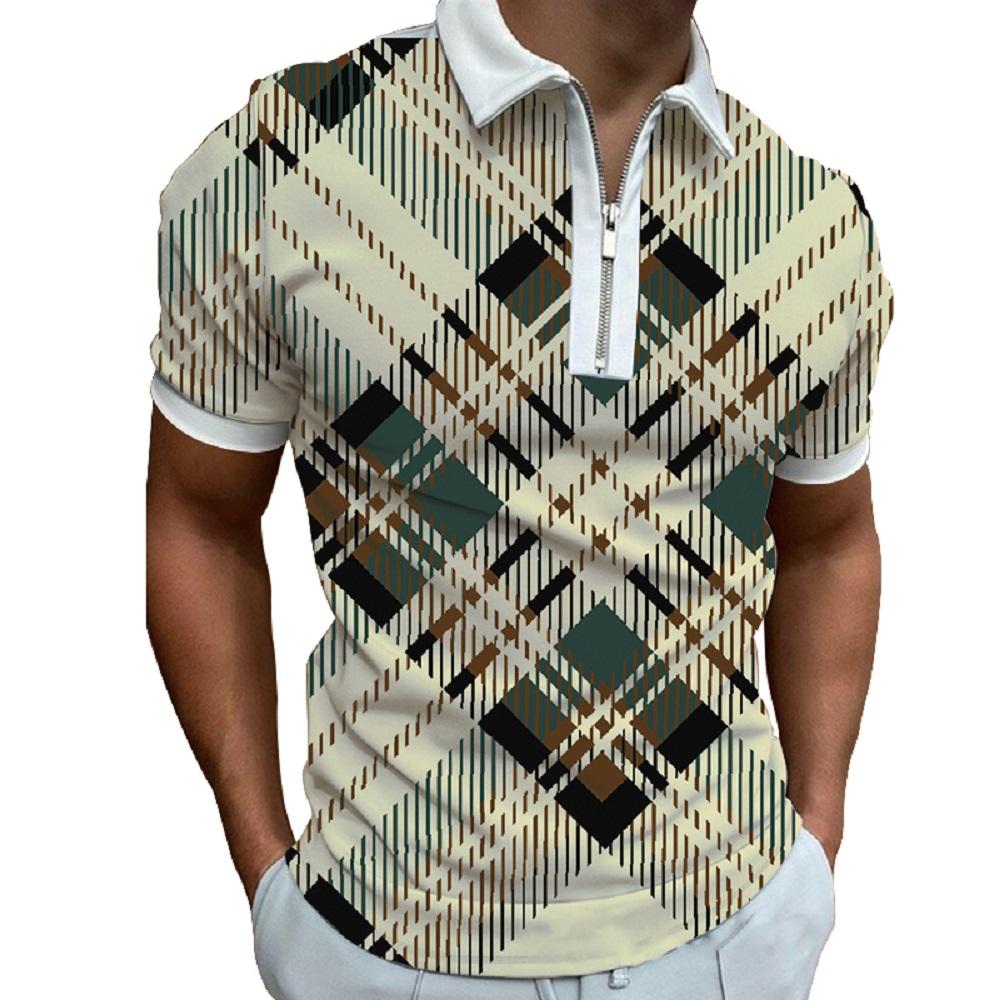 Men's summer fashion striped printed short sleeved zipper polo shirt