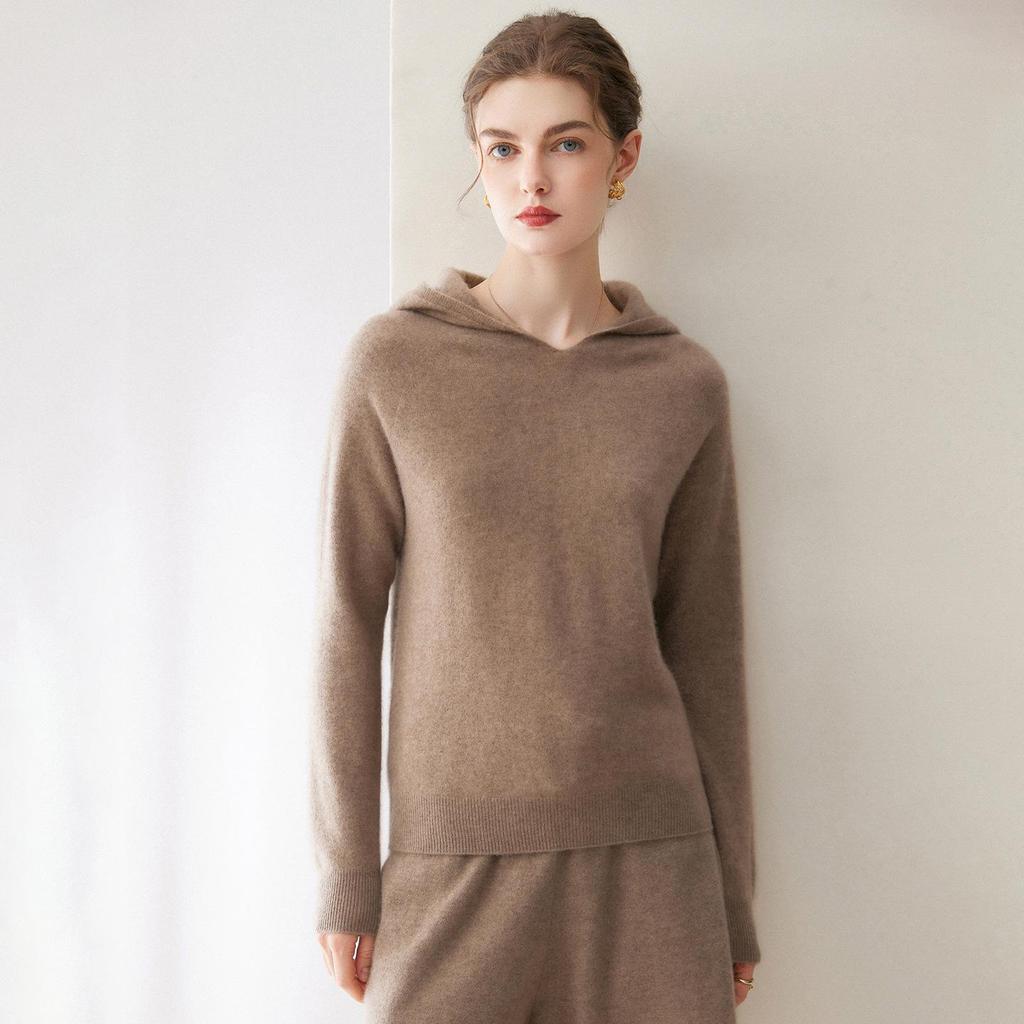 Autumn Winter Pure Cashmere Women's Hooded Loose Knit Sweater Pullover