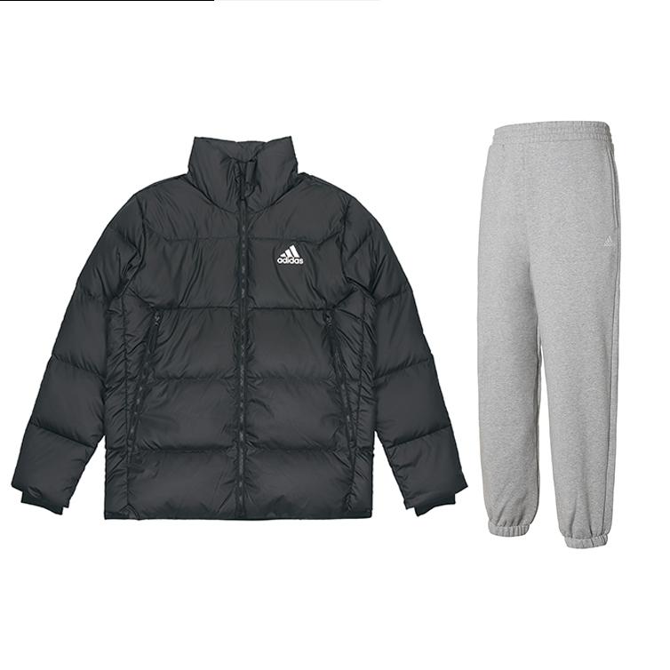 

Adidas Уличная однотонная теплая куртка-пуховик из флиса с толстыми манжетами, свободные брюки, повседневный спортивный комплект для мужчин GV5350+IV7608 S