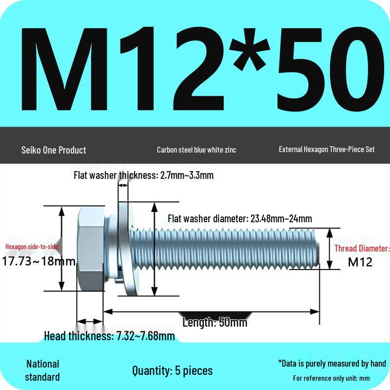 Grade 8.8 Galvanized Hex Bolt Set: Includes Hex Bolt, Spring Washer, Flat Washer (Sizes: M4, M5, M6, M8, M10, M12)