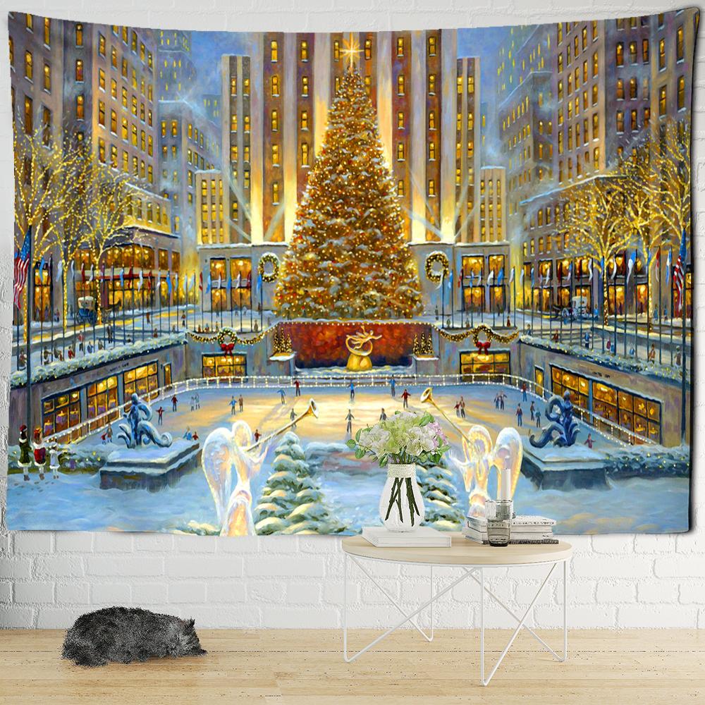 Christmas Snowy Night Travel Map Tapestry Wall Hanging Psychedelic Forest House Illustration Home Living Room Decor