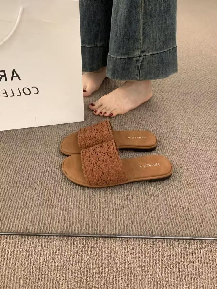 Vintage Casual Flat-bottomed Woven One-word with Open-toed Slippers for Women's Summer Wear Bohemian Seaside Vacation Beach Shoes