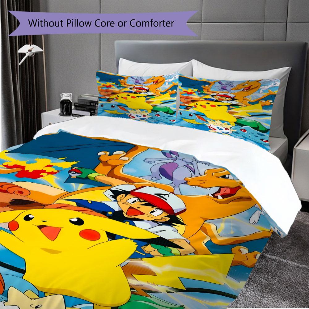 Set di biancheria da letto con stampa Pokémon da 3 pezzi include una copripiumino e una coppia di federe (riempimento non incluso), perfetto per l'uso in camera da letto.