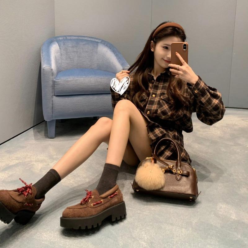 Sheepskin version~ miu wind lace-up leather thick-soled women's thick heel derby single shoes muffin shoes versatile small leather shoes