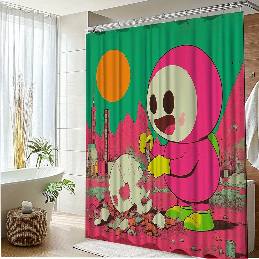 Playful Cartoon Character Print Waterproof Shower Curtain For Bathroom, Fun Urban Design High-End Toilet Partition Curtain