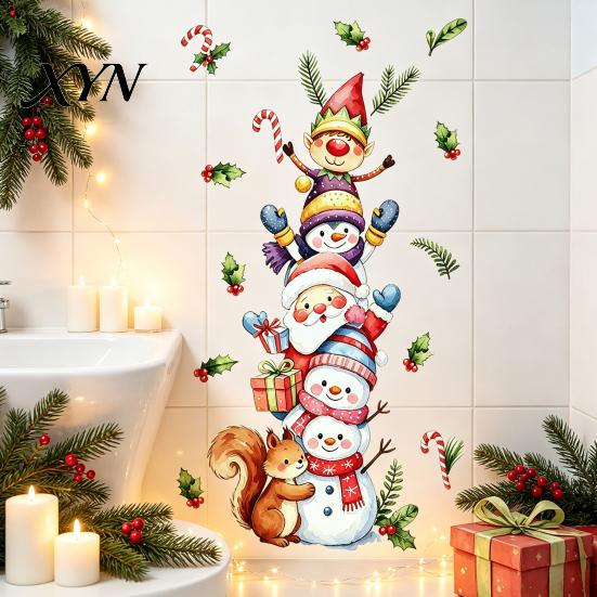 DIY Party Wall Murals Christmas Stickers with Snowman Santa Claus Elf Patterns, Peel And Stick Watercolor Cartoon Decals for Windows Glass Doors,