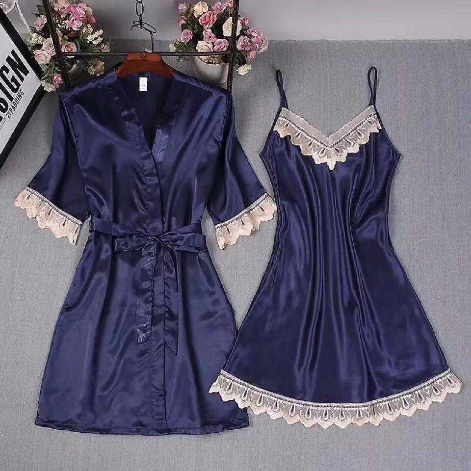 Lace Floral Trim Cardigan & Robe Set for Women