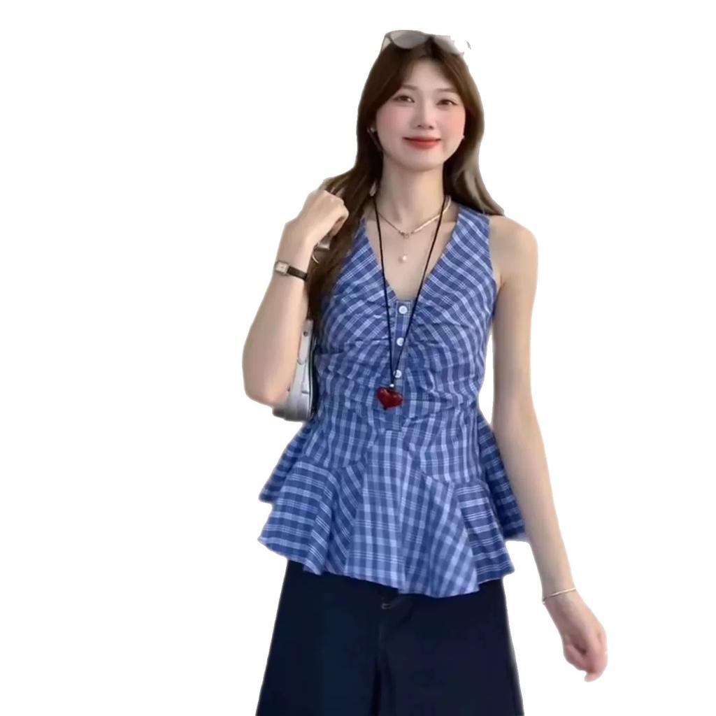 Korean V-neck plaid inner and outer sling vest women's clothing summer waist versatile pleated slim sleeveless top
