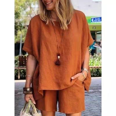 2022 Spring/Summer Fashion: Cotton Linen Two-Piece Set – Loose Short-Sleeved Top and Shorts.