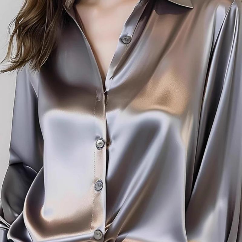 Color New Premium Gray Acetate Satin Shirt Women's Long Sleeve Chic French Silk Professional Shirt