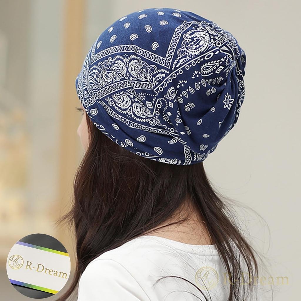 Paisley Print Hair Sun Cancer Openwork for Women Black 1 R-Dream Cap, Turban, Protection, Care, Chemotherapy, Thin, Breathable, Knit, (1 + Navy)