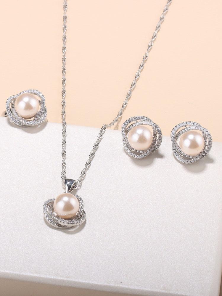 New Fashion   Accessories Pearl Earrings And Necklace Bridal Jewelry For Women Adjustable Ring Size