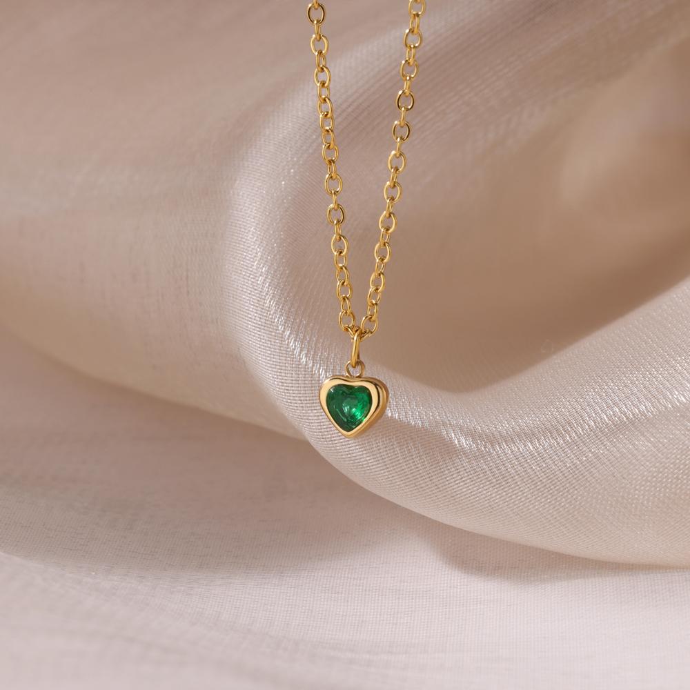 Stainless Steel Birthstone Heart Necklace For Women Gold Color Chain Heart  Necklace Wedding Jewelry Birthday Gift Bijoux Femme