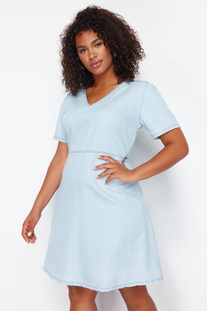 Women's Style Plus Size Light Blue V-Neck Tencel Mini Denim Dress