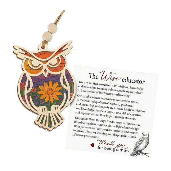 Owl Sun Catcher Natural Timber Hanging Ornament with Beaded Ribbon Card The Owl Wood Craft Wall Hanging Pendant